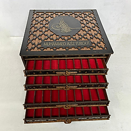 Osmanlı Tuğrası Motifli Çekmeceli Ahşap Tesbih Kutusu