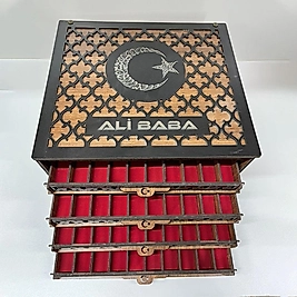 Ay Yıldız Motifli Çekmeceli Ahşap Tesbih Kutusu