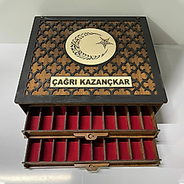 30'lu Ay Yıldız Motifli Çekmeceli Kişiye Özel Ahşap Tesbih Kutusu
