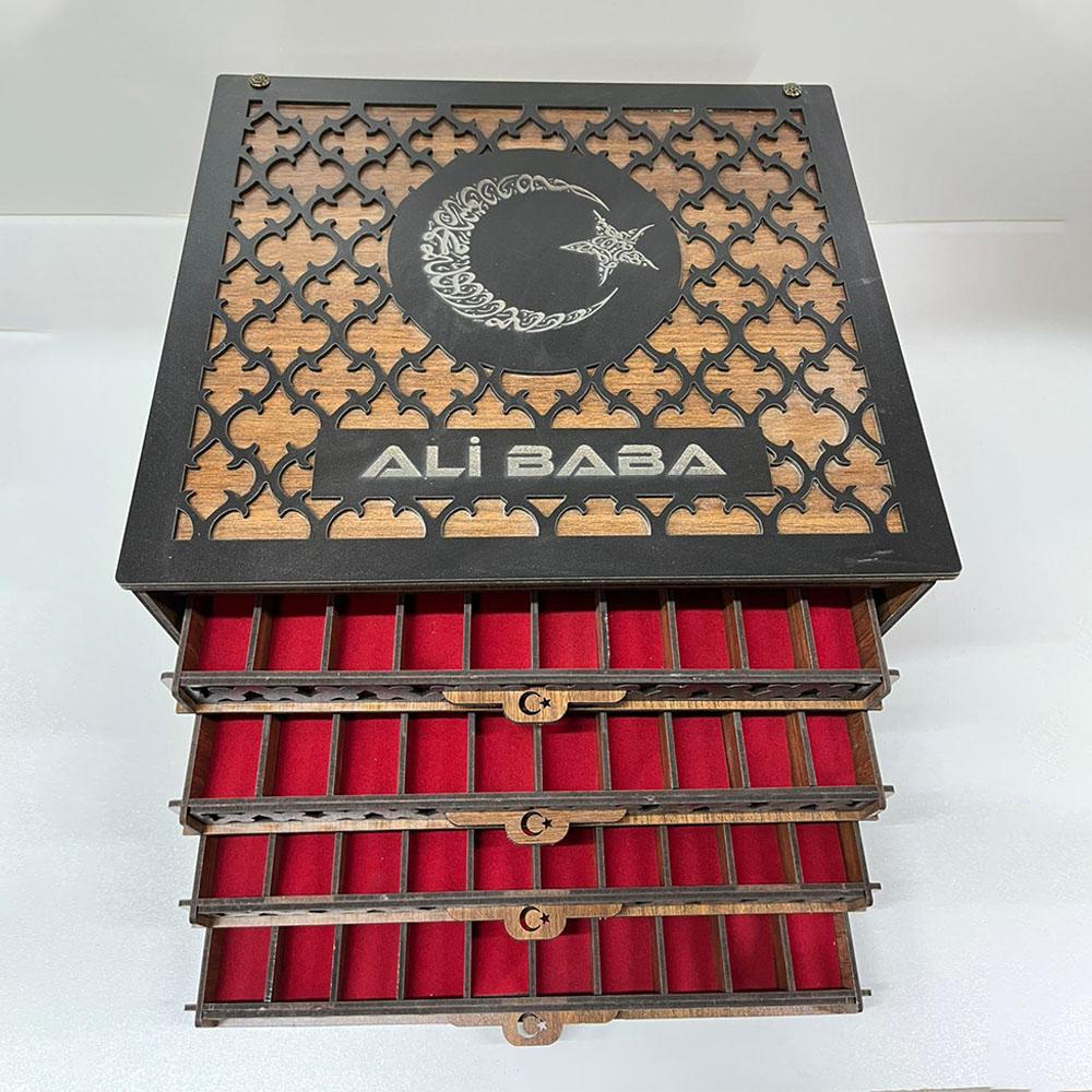 Ay Yıldız Motifli Çekmeceli Ahşap Tesbih Kutusu