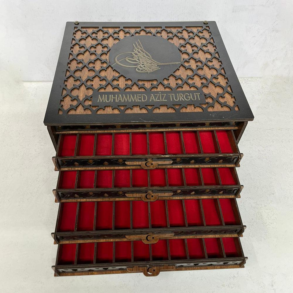 Osmanlı Tuğrası Motifli Çekmeceli Ahşap Tesbih Kutusu
