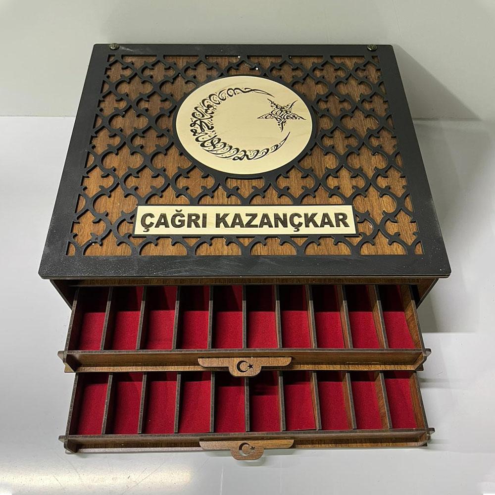 30'lu Ay Yıldız Motifli Çekmeceli Kişiye Özel Ahşap Tesbih Kutusu